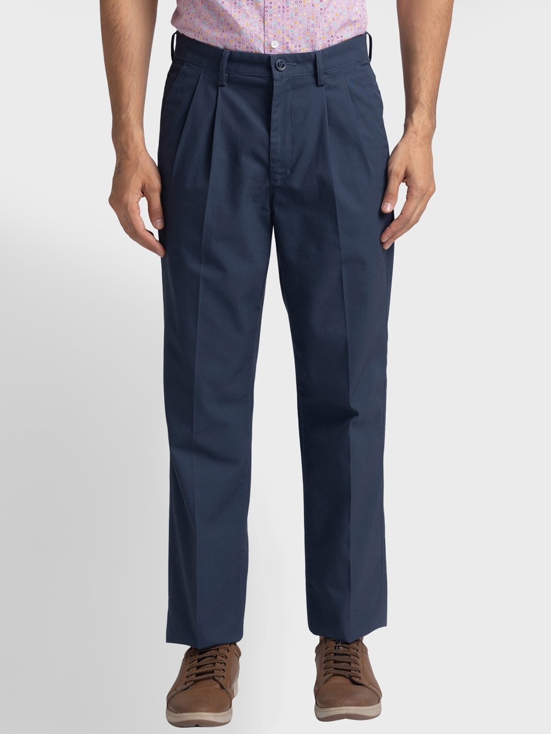 

ColorPlus Men Mid-Rise Pleated Plain Pure Cotton Trousers, Blue
