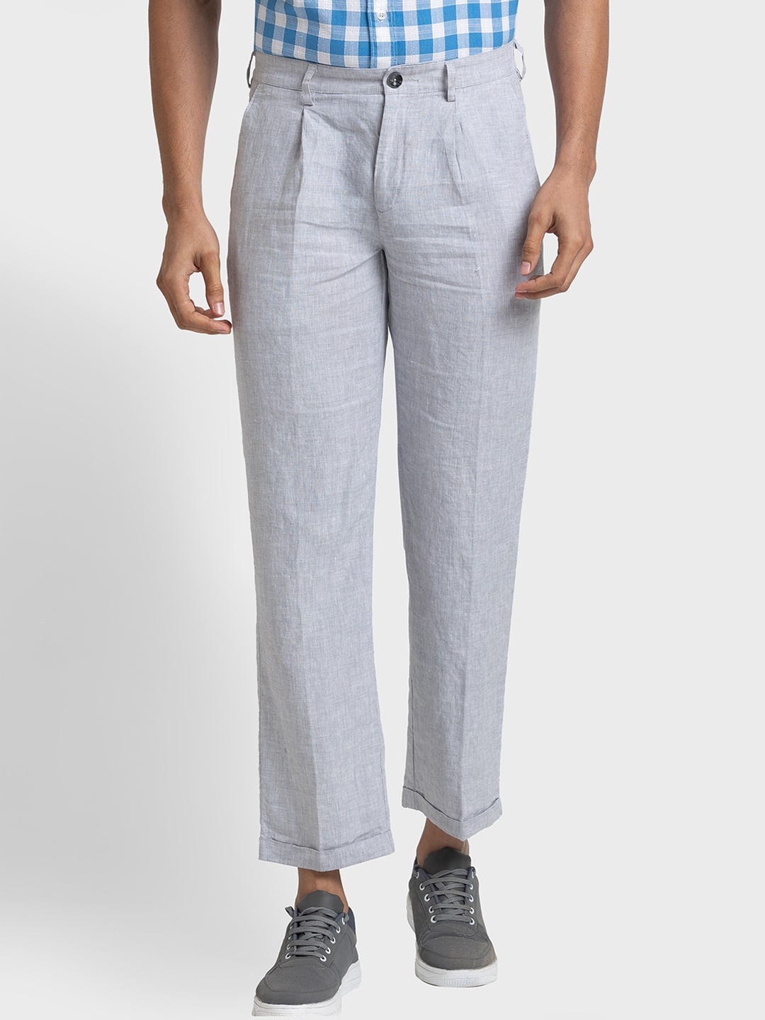 

ColorPlus Men Tailored Fit Textured Pleated Trousers, Grey
