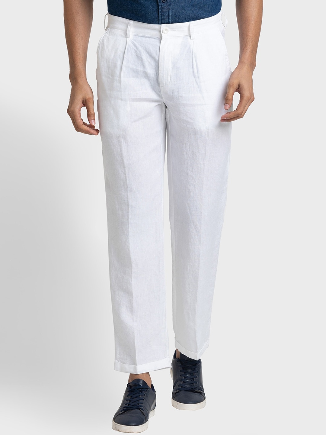 

ColorPlus Men Mid-Rise Pleated Plain Pure Linen Trousers, White