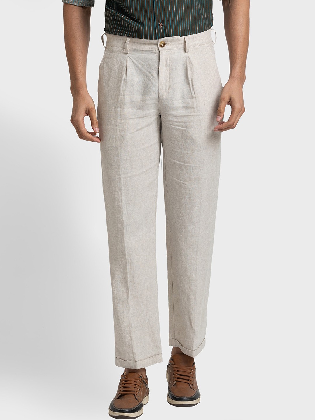 

ColorPlus Men Mid-Rise Pleated Plain Pure Linen Trousers, Beige