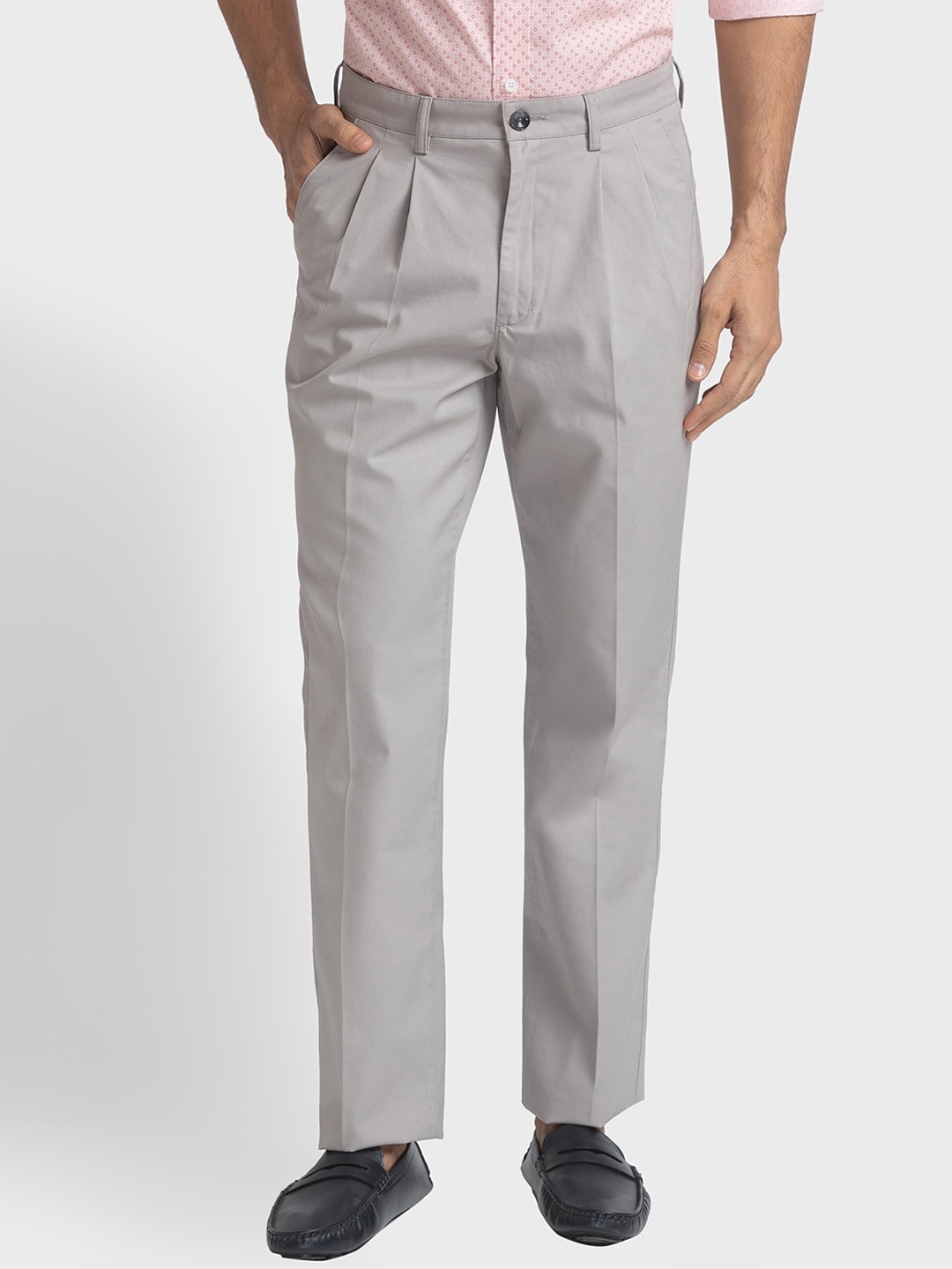 

ColorPlus Men Pleated Mid-Rise Formal Trousers, Grey