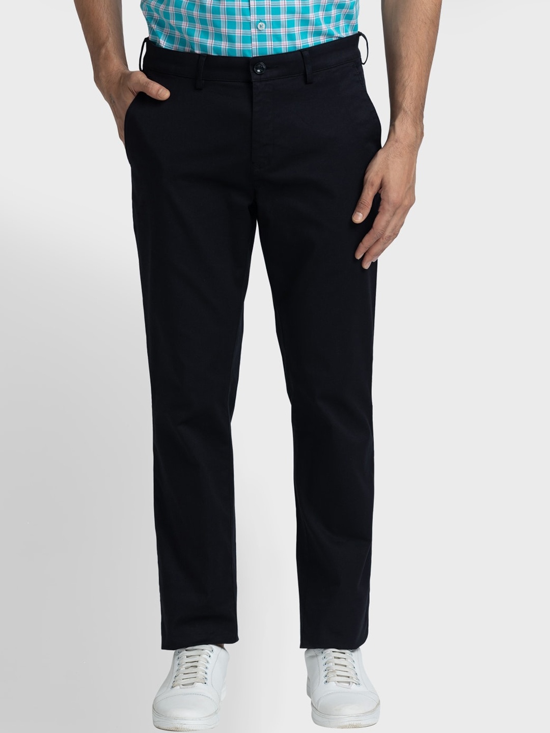 

ColorPlus Men Cotton Mid-Rise Flat-Front Plain Chinos Trousers, Black