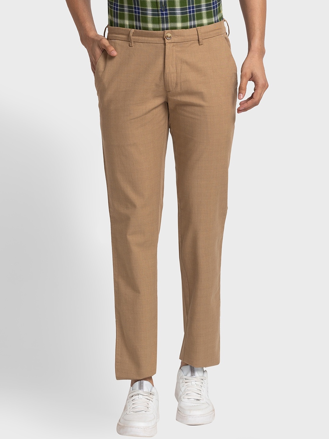 

ColorPlus Men Cotton Mid-Rise Flat-Front Plain Trousers, Khaki