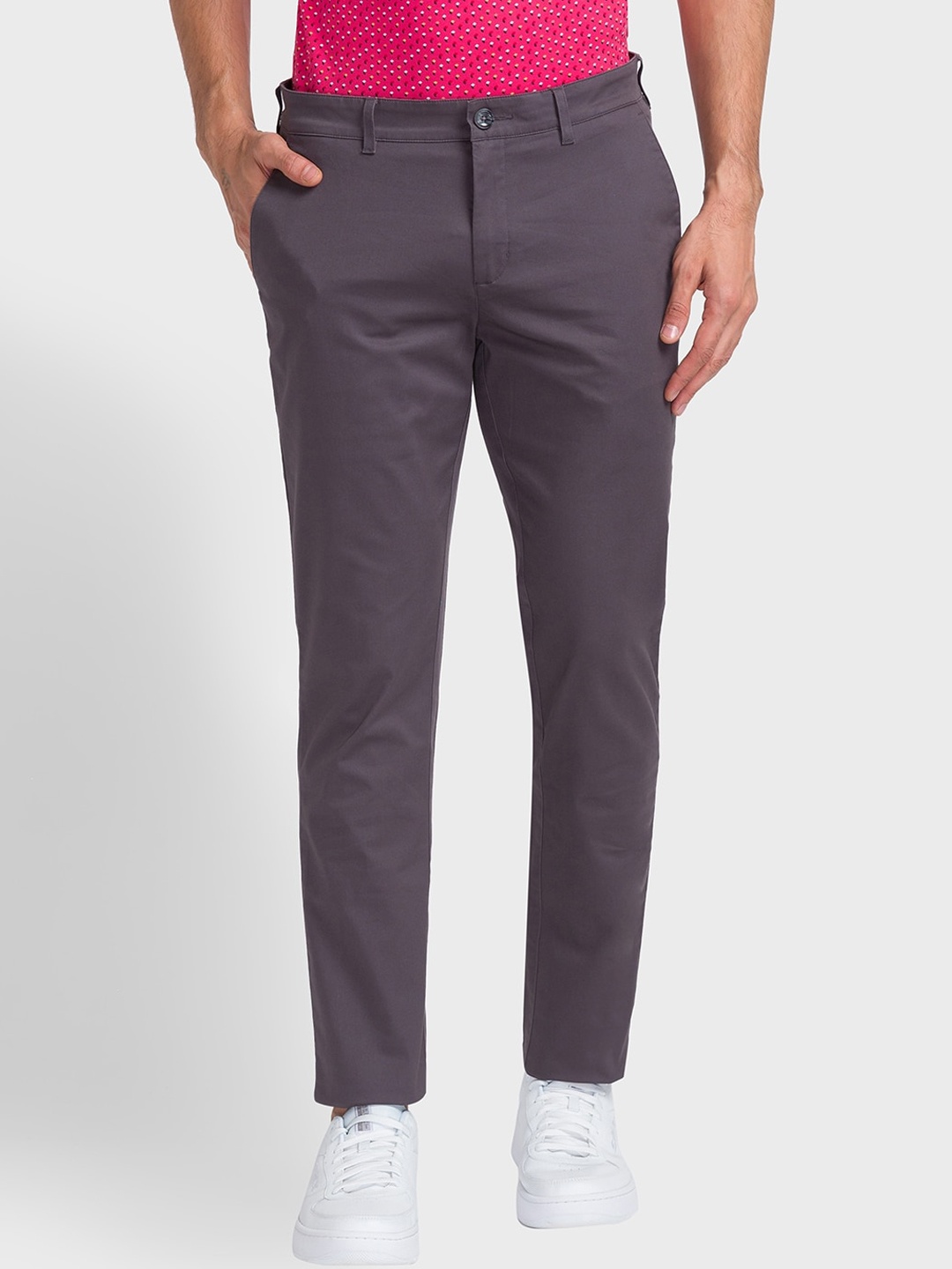 

ColorPlus Men Cotton Mid-Rise Tailored Fit Flat-Front Plain Trousers, Grey