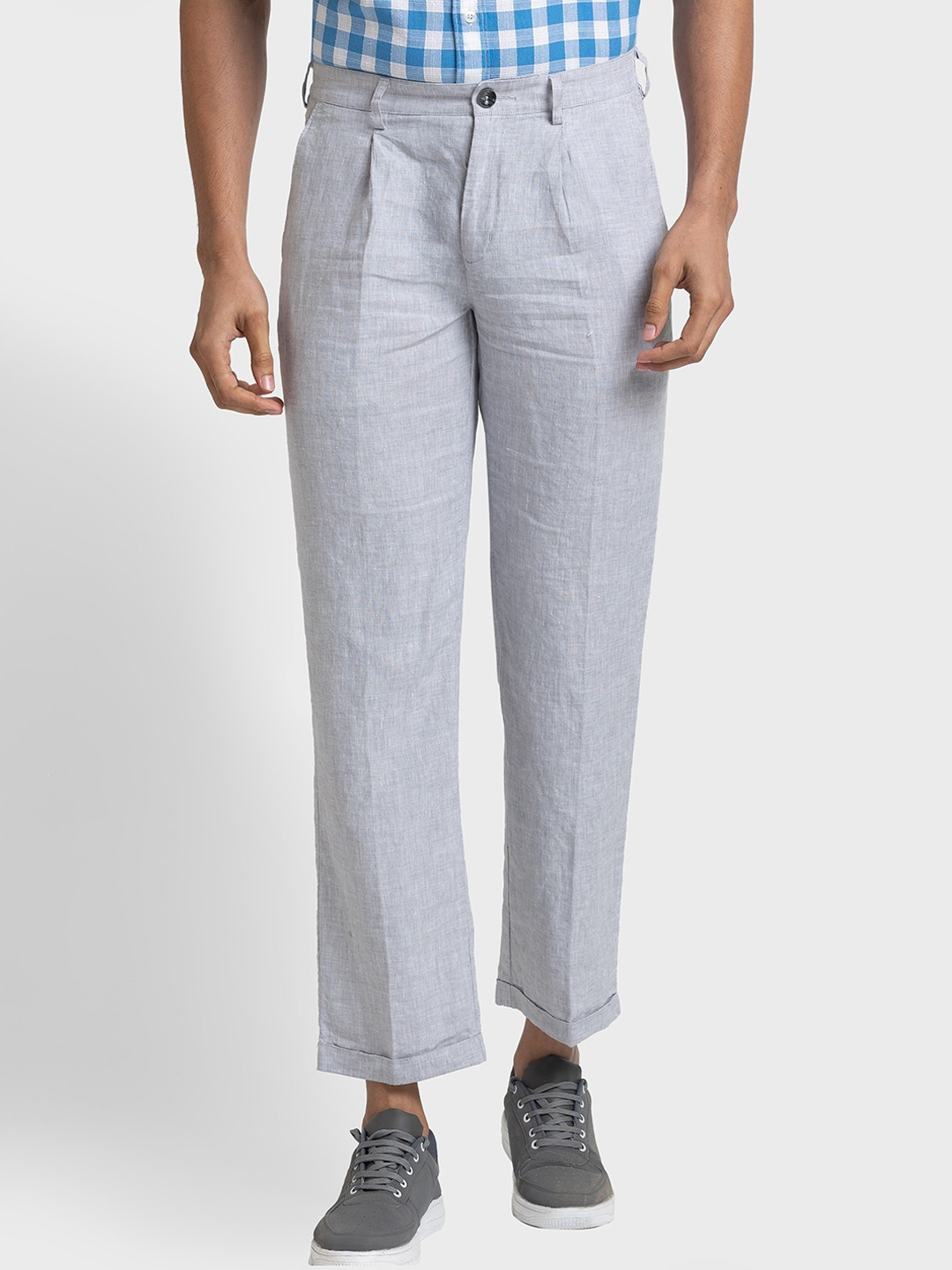 

ColorPlus Men Mid-Rise Textured Pleated Trousers, Grey