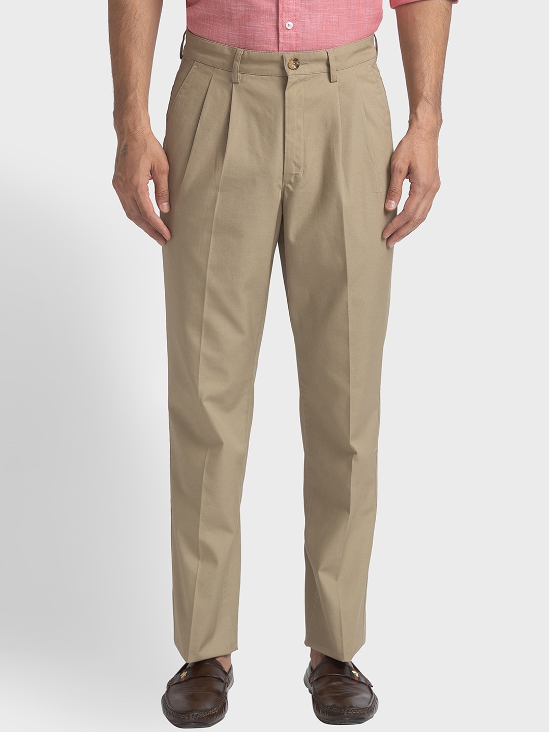 

ColorPlus Men Mid Rise Pleated Pure Cotton Trousers, Khaki
