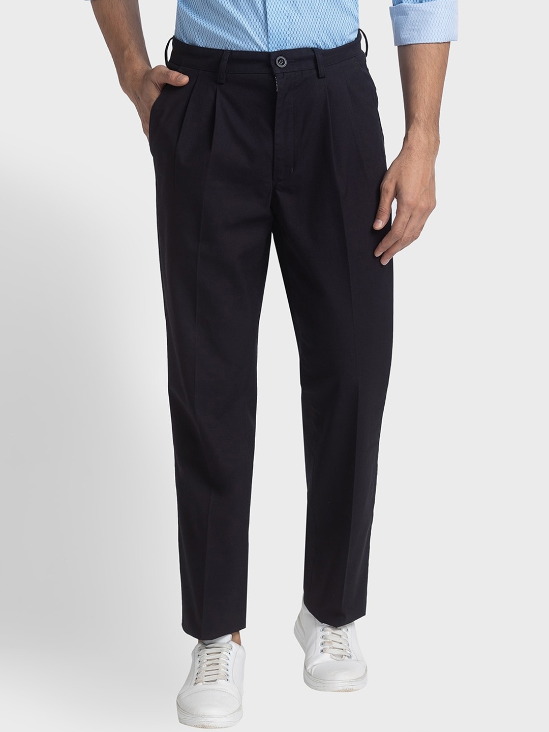 

ColorPlus Men Mid Rise Pleated Pure Cotton Trousers, Black