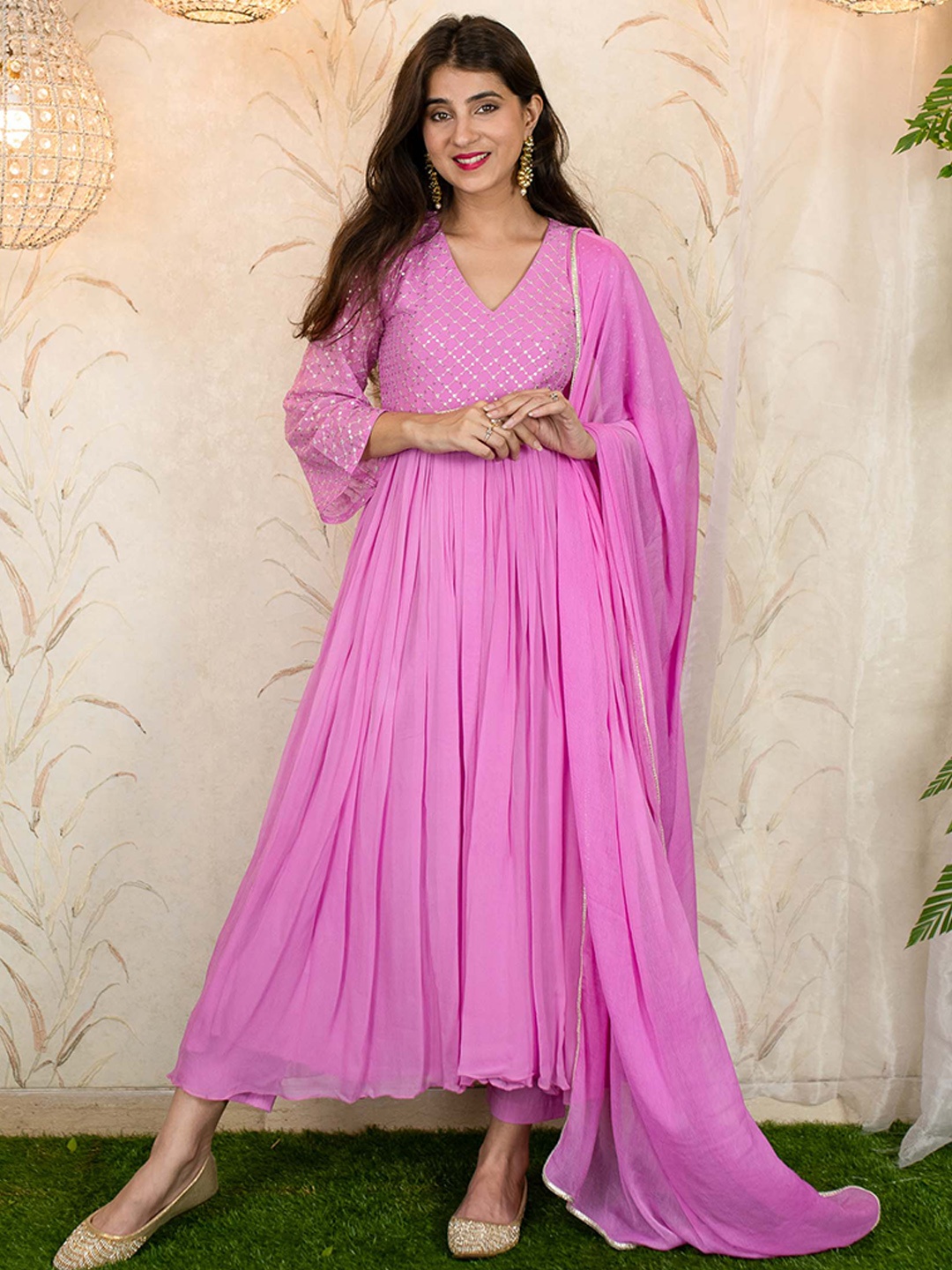 

Label Shaurya Sanadhya Embroidered Sequined Anarkali Kurta with Trousers & Dupatta, Pink