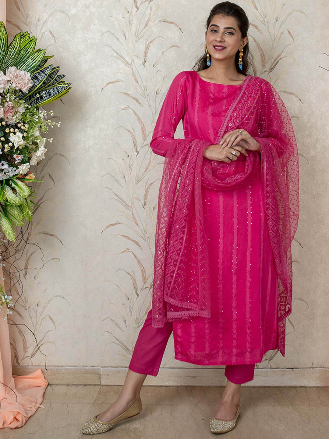 

Label Shaurya Sanadhya Striped Self Design Sequined Kurta with Pyjamas & Dupatta, Pink