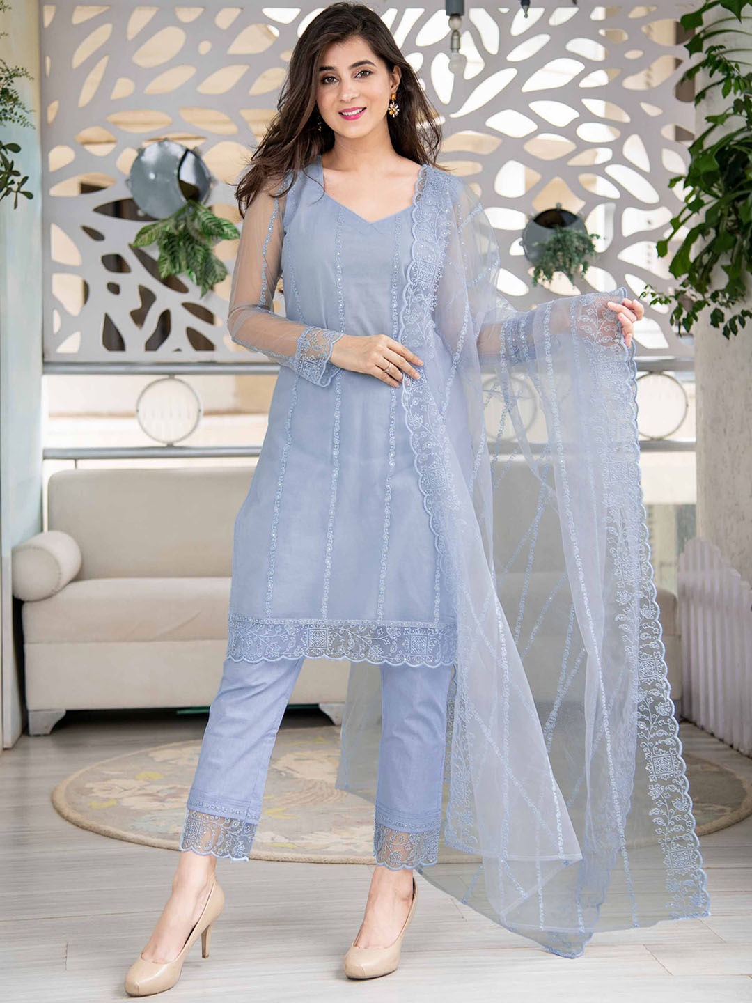 

Label Shaurya Sanadhya Ethnic Motifs Embroidered Sequinned Kurta with Trousers & Dupatta, Blue