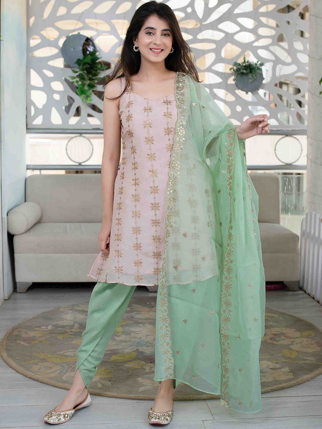 

Label Shaurya Sanadhya Embroidered Zari Kurta with Dhoti Pants & Dupatta, Peach