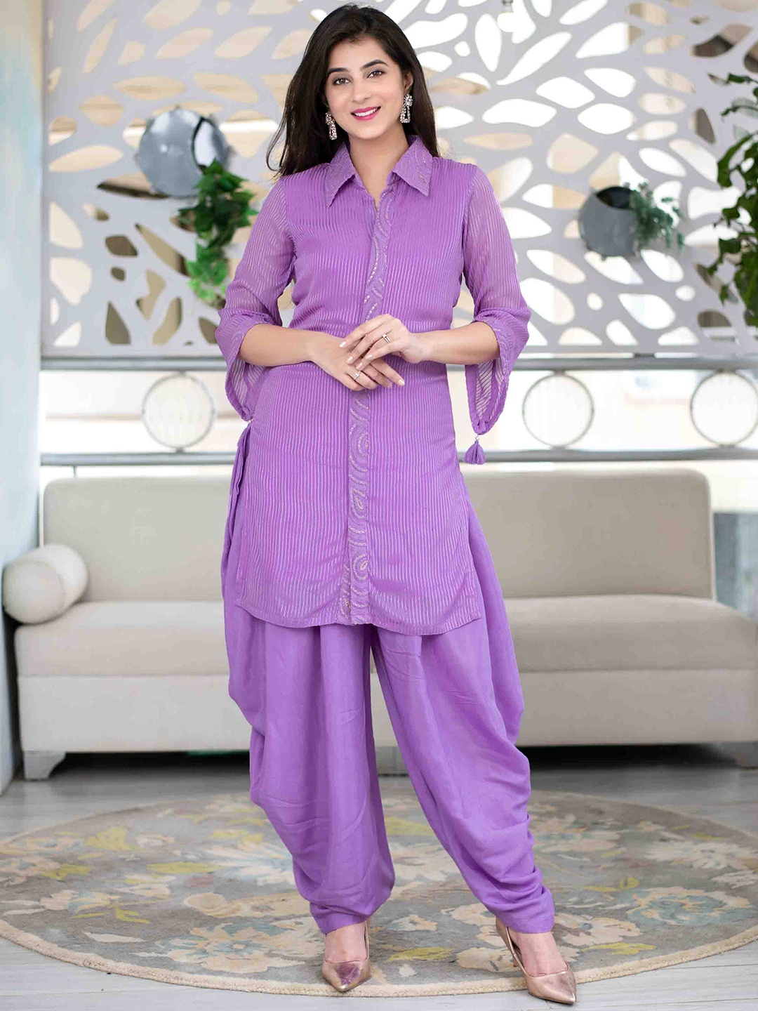 

Label Shaurya Sanadhya Striped Sequinned Kurta with Patiala, Purple