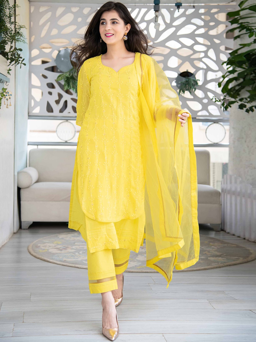 

Label Shaurya Sanadhya Ethnic Embroidered Layered Sequinned Kurta with Trousers & Dupatta, Yellow