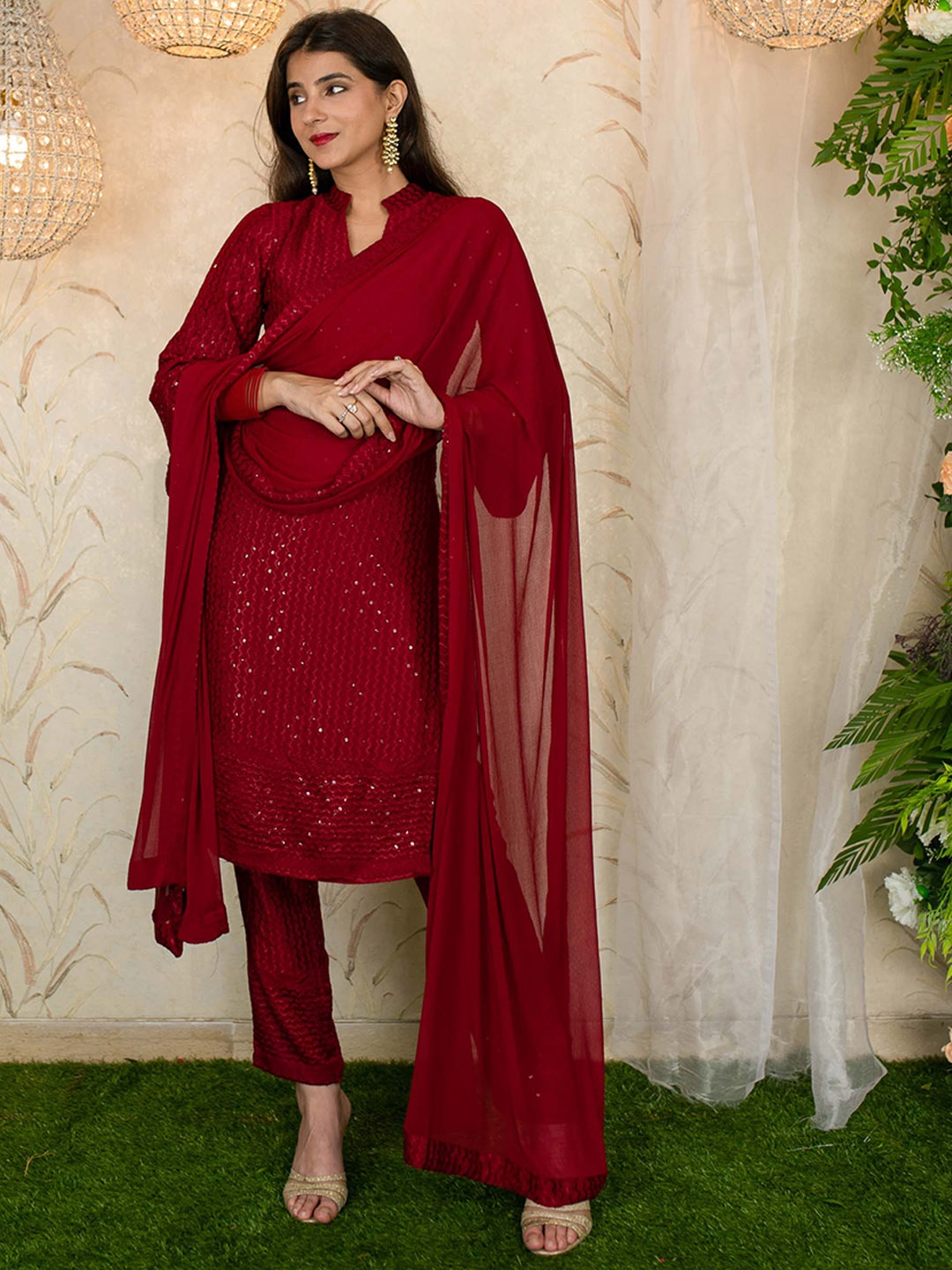 

Label Shaurya Sanadhya Ethnic Motifs Embroidered Sequined Kurta with Trousers & Dupatta, Maroon