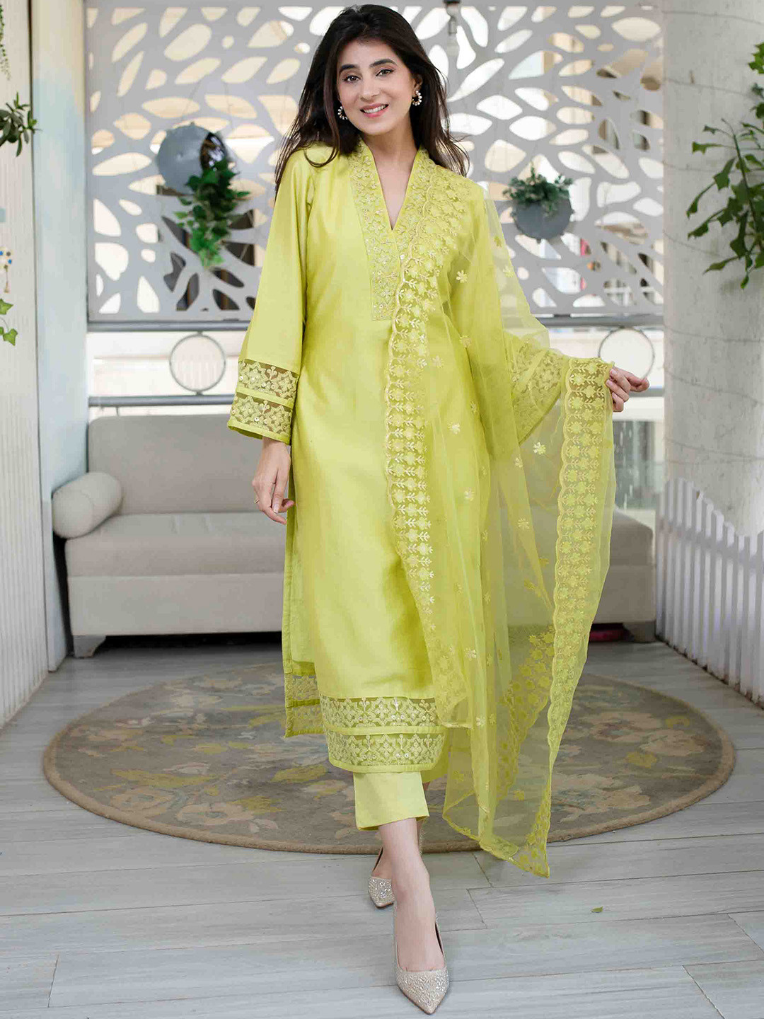 

Label Shaurya Sanadhya Ethnic Motifs Embroidered Thread Work Kurta with Trousers & Dupatta, Lime green