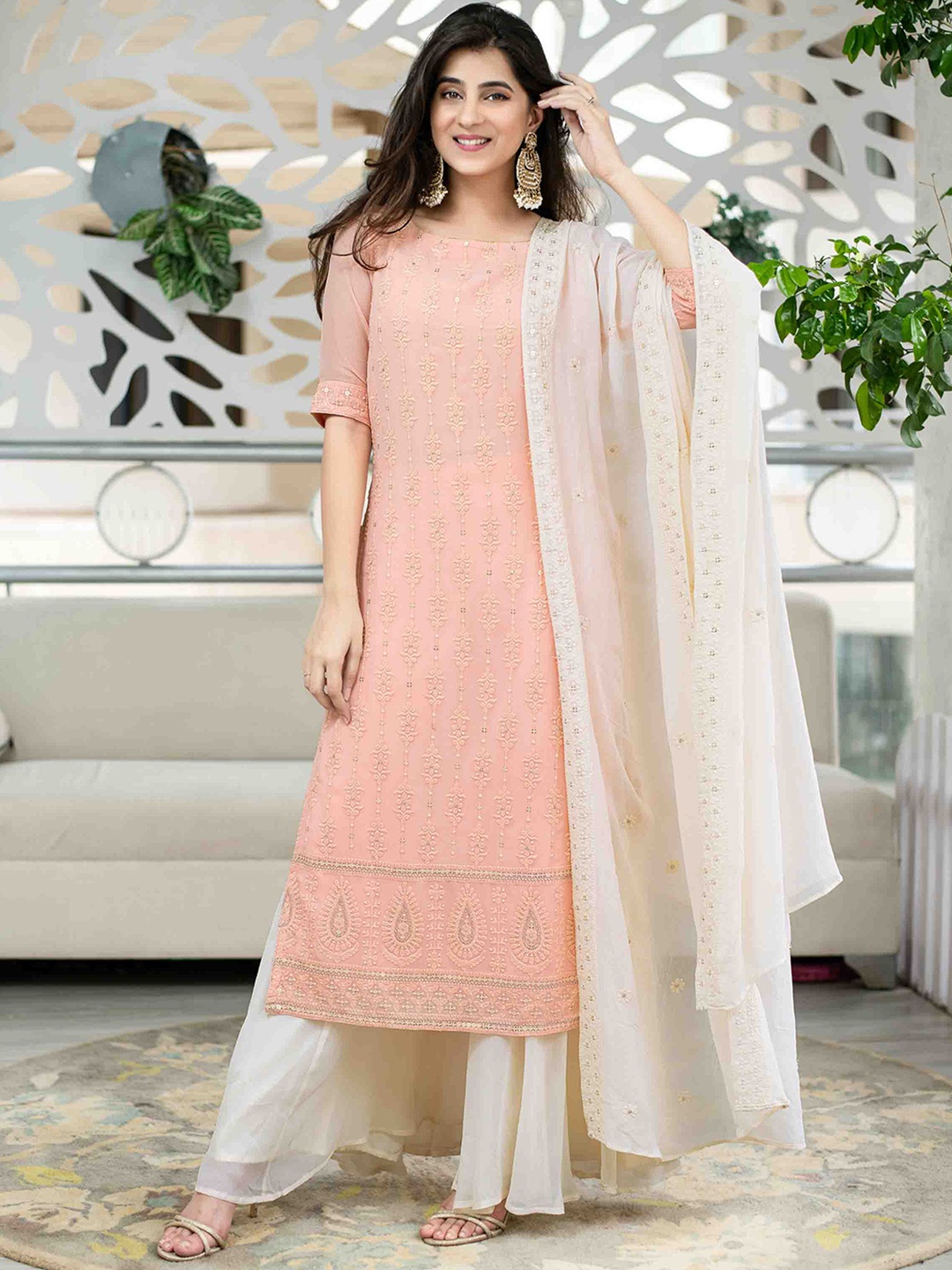 

Label Shaurya Sanadhya Ethnic Motifs Embroidered Sequinned Kurta with Palazzos & Duppatta, Peach