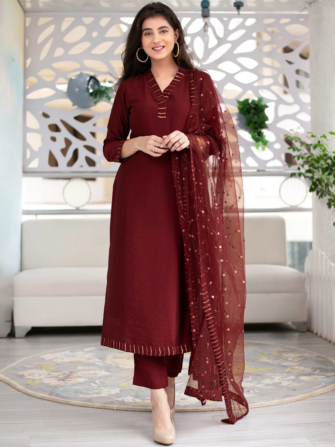 

Label Shaurya Sanadhya Yoke Design Sequinned Kurta with Trousers & With Dupatta, Maroon