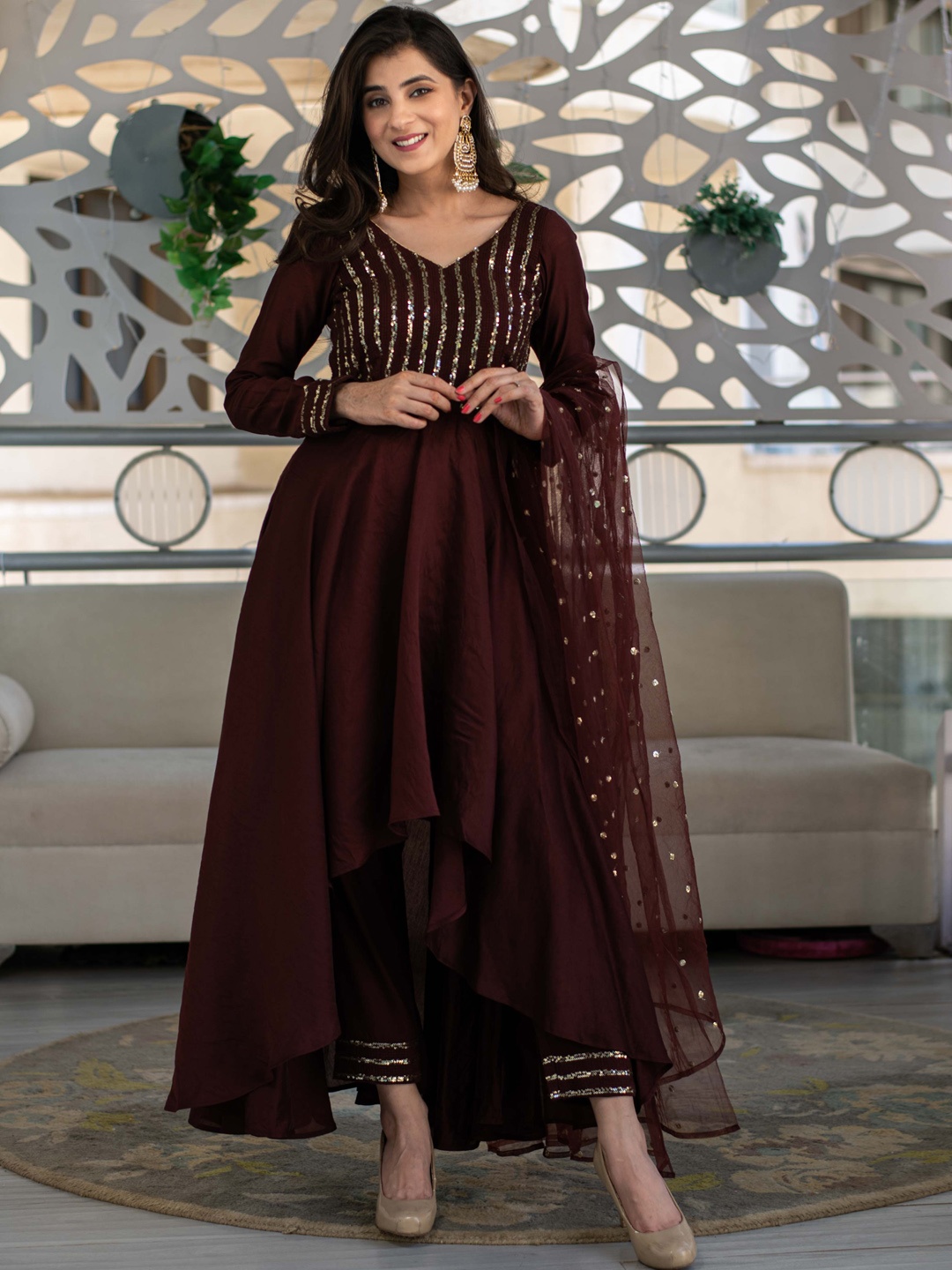 

Label Shaurya Sanadhya Sequinned Kurta with Trousers & With Dupatta, Brown