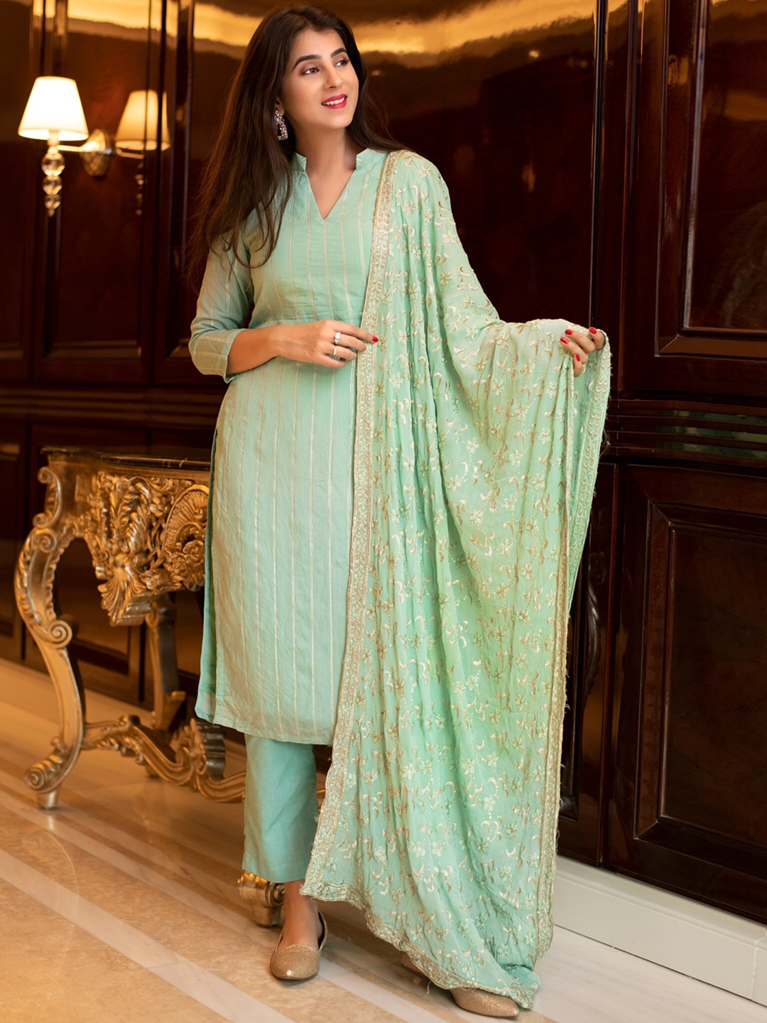 

Label Shaurya Sanadhya Striped Zari Kurta with Trousers & With Dupatta, Green