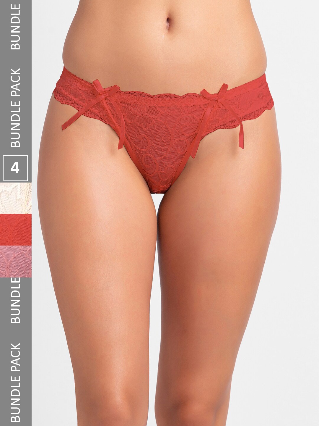 

NOIRA Women Pack of 4 Assorted Self Design Anti Bacterial Thongs Briefs