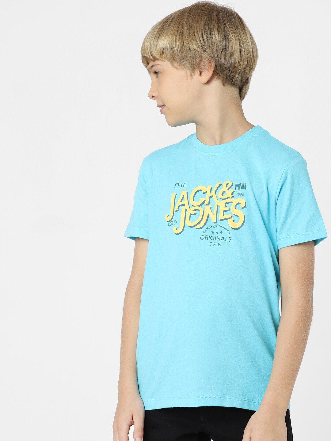Jack & Jones Junior Boys Typography Printed Cotton T-shirt, Blue