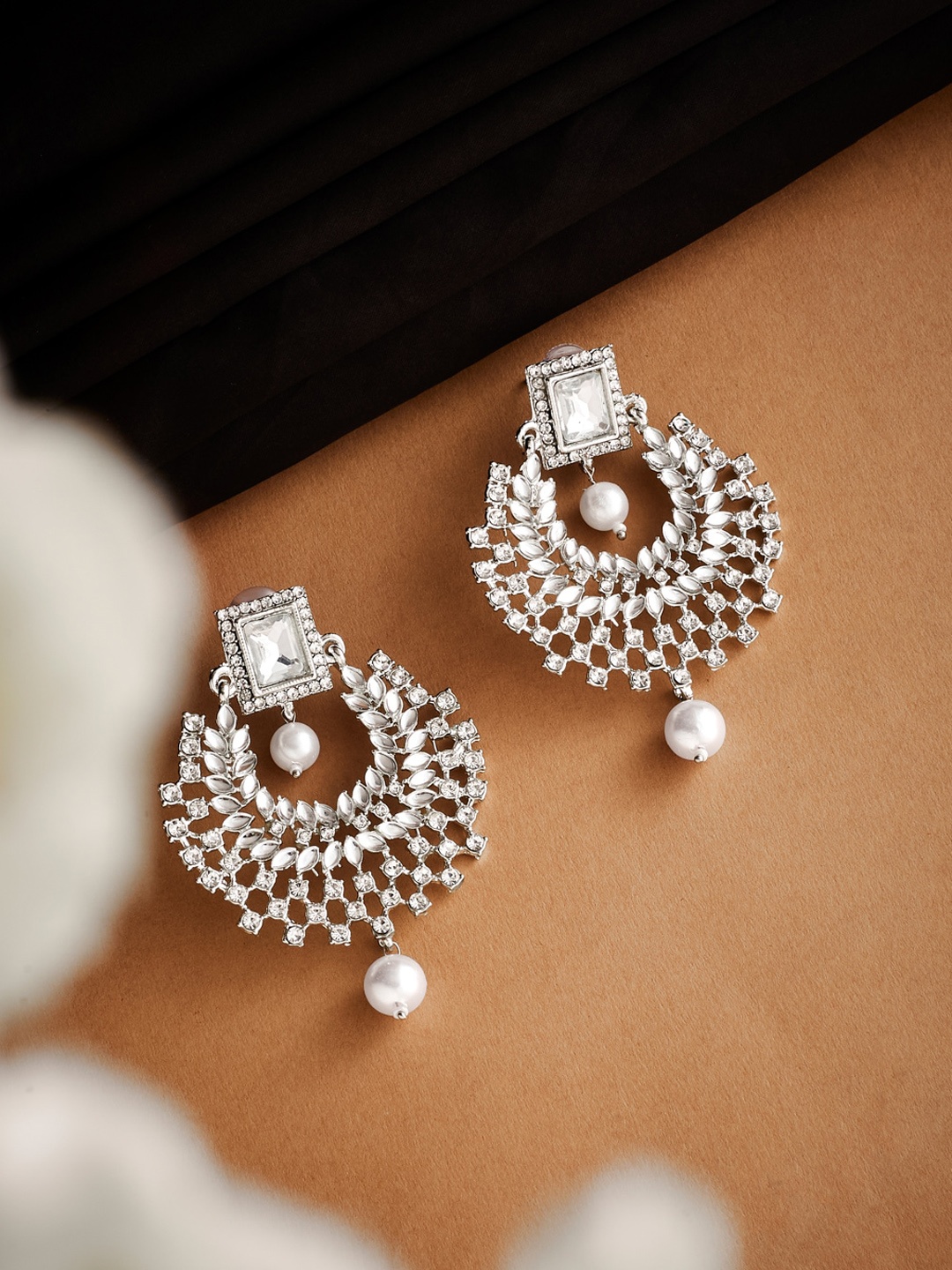 

ATIBELLE Silver-Plated Floral Design & Pearl Drop Chandbalis Earrings
