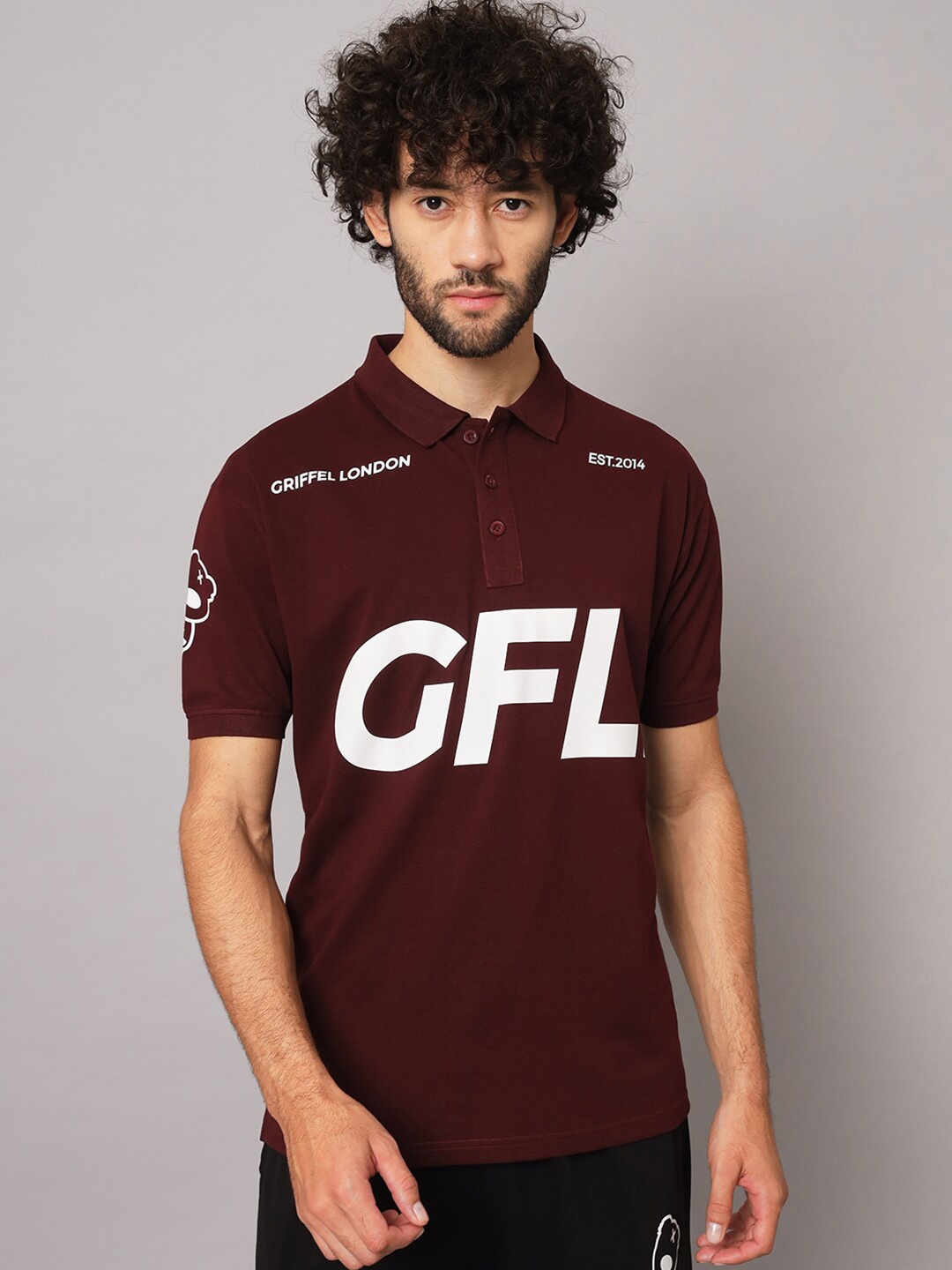 

GRIFFEL Typography Printed Polo Collar Cotton T-Shirt, Maroon