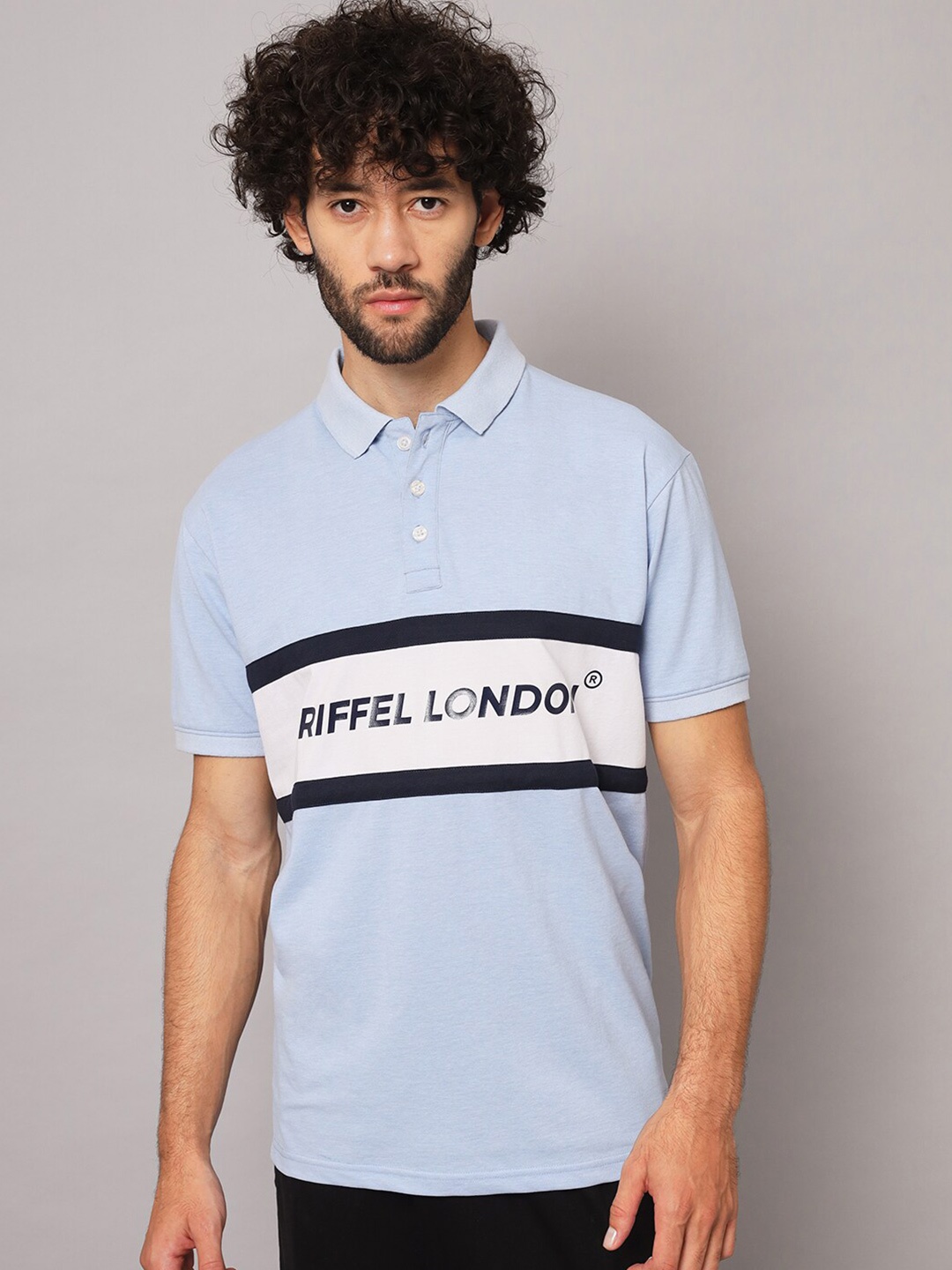 

GRIFFEL Typography Printed Polo Collar Cotton T-shirt, Blue