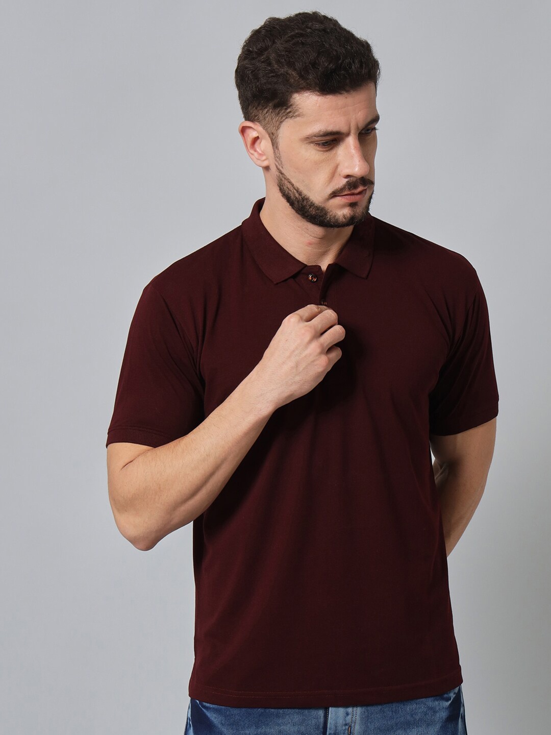 

GRIFFEL Solid Polo Collar Regular Sleeves Cotton T-shirt, Maroon