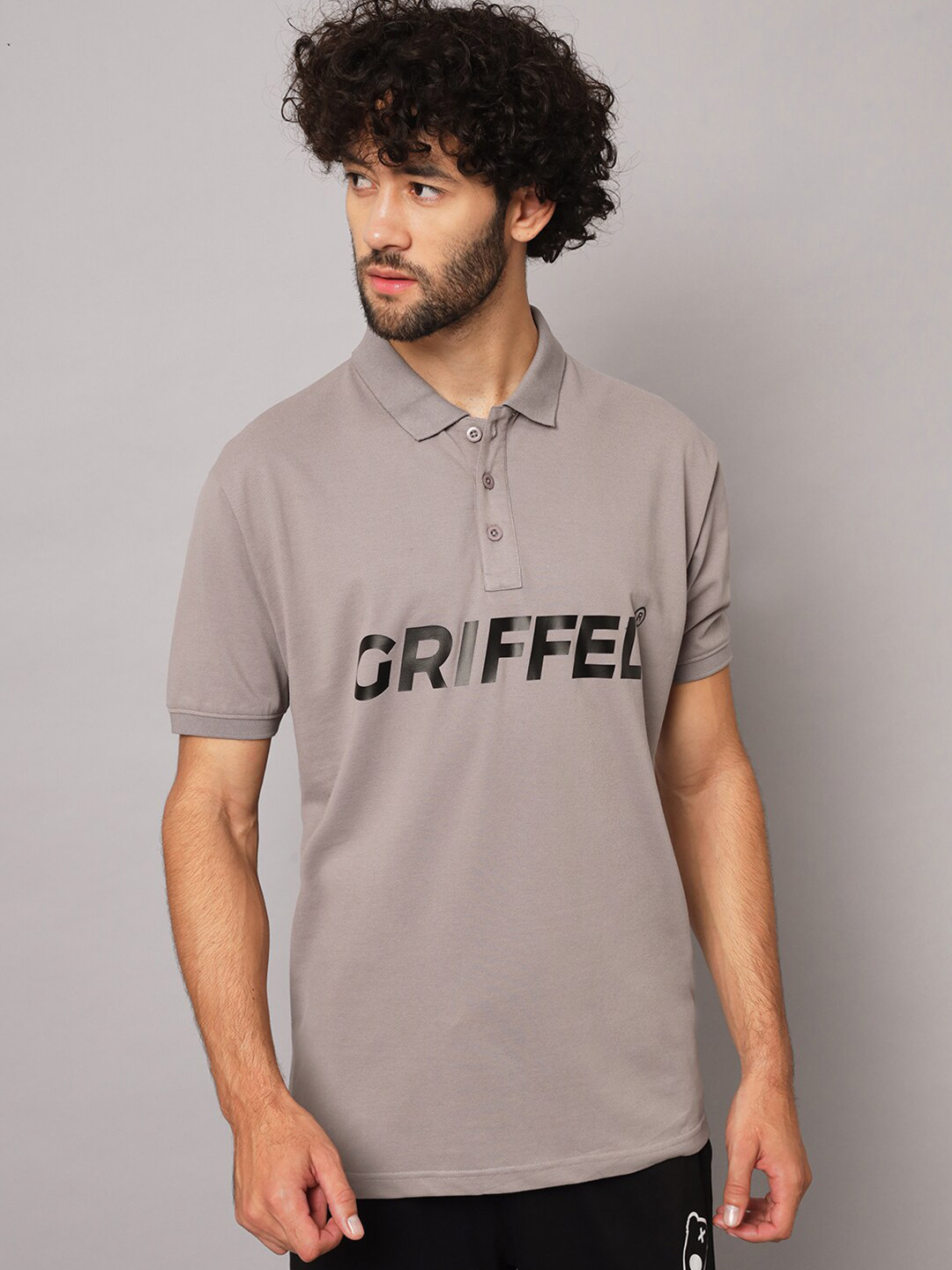 

GRIFFEL Typography Printed Polo Collar Pure Cotton T-shirt, Grey melange
