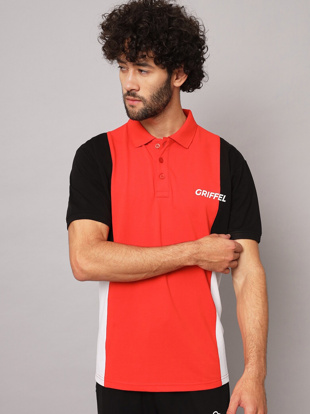 

GRIFFEL Colourblocked Polo Collar Pure Cotton T-shirt, Orange