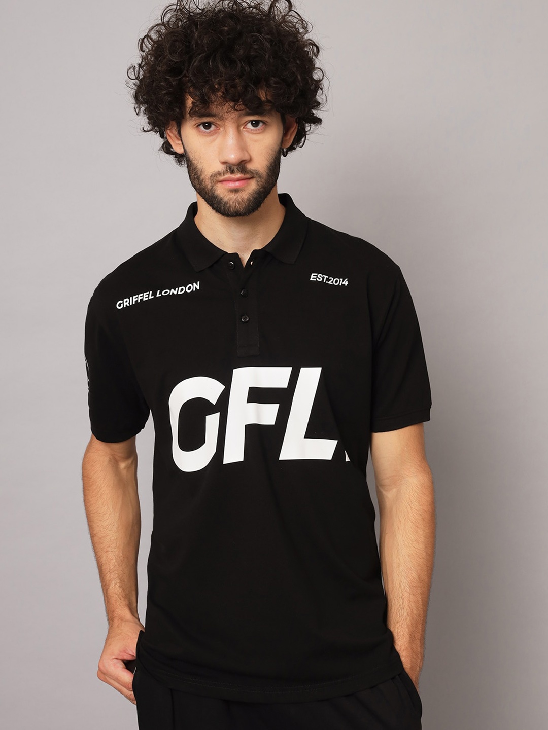 

GRIFFEL Typography Printed Polo Collar Cotton T-shirt, Black