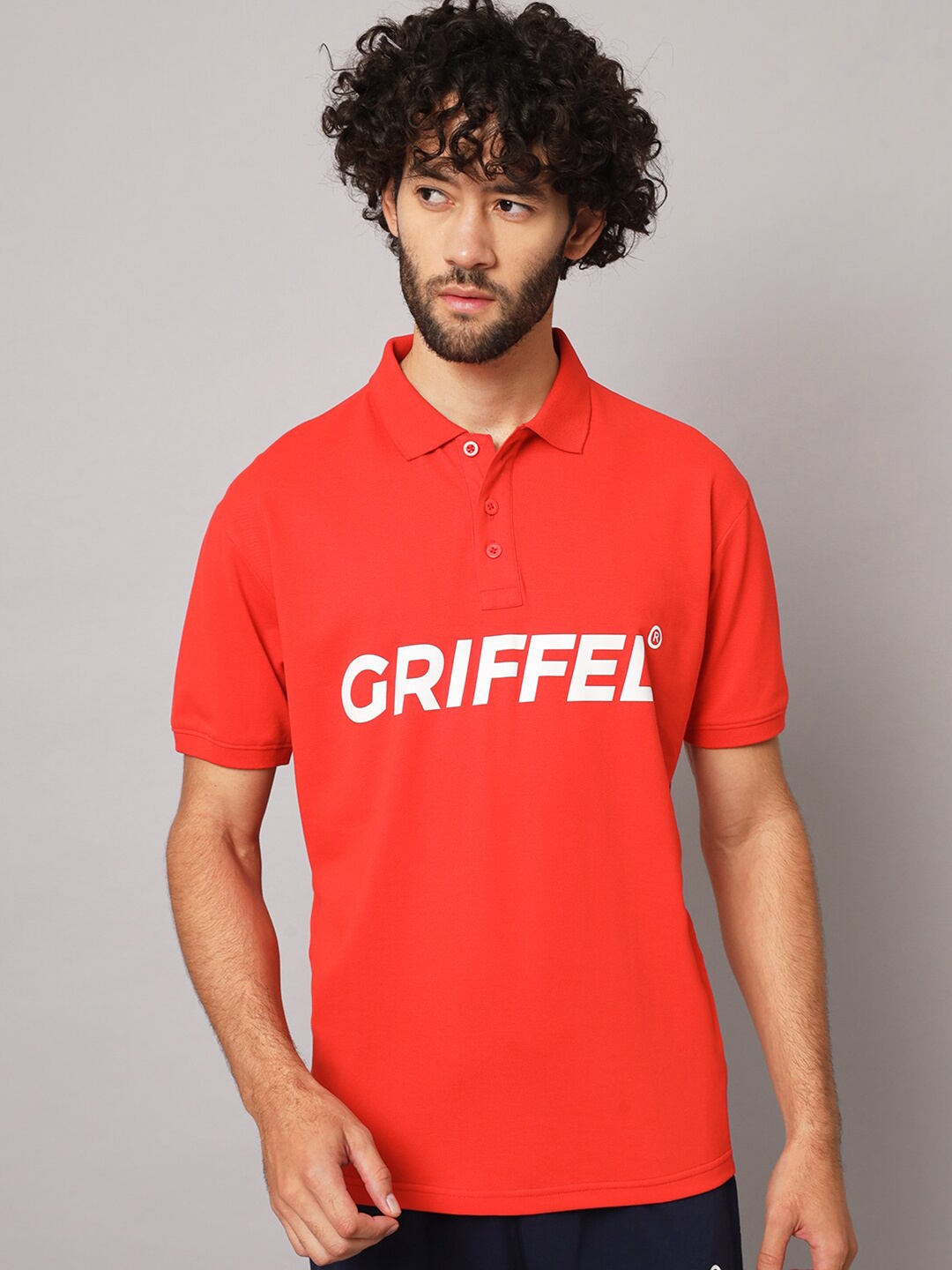 

GRIFFEL Typography Printed Polo Collar Cotton T-shirt, Orange