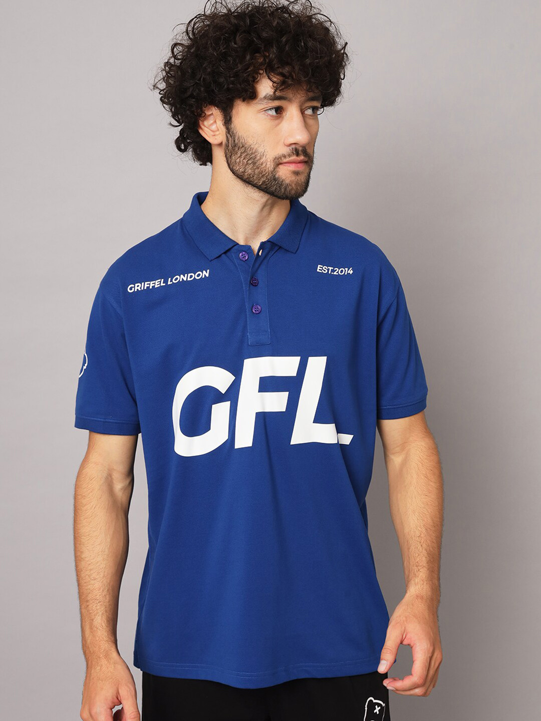 

GRIFFEL Typography Printed Polo Collar Cotton T-shirt, Blue