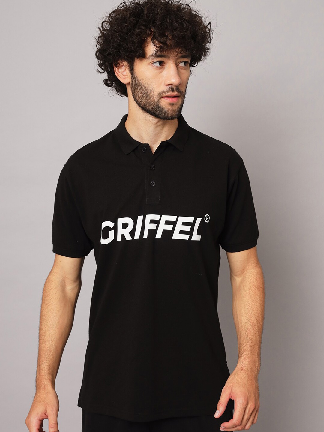 

GRIFFEL Typography Printed Polo Collar Cotton T-shirt, Black