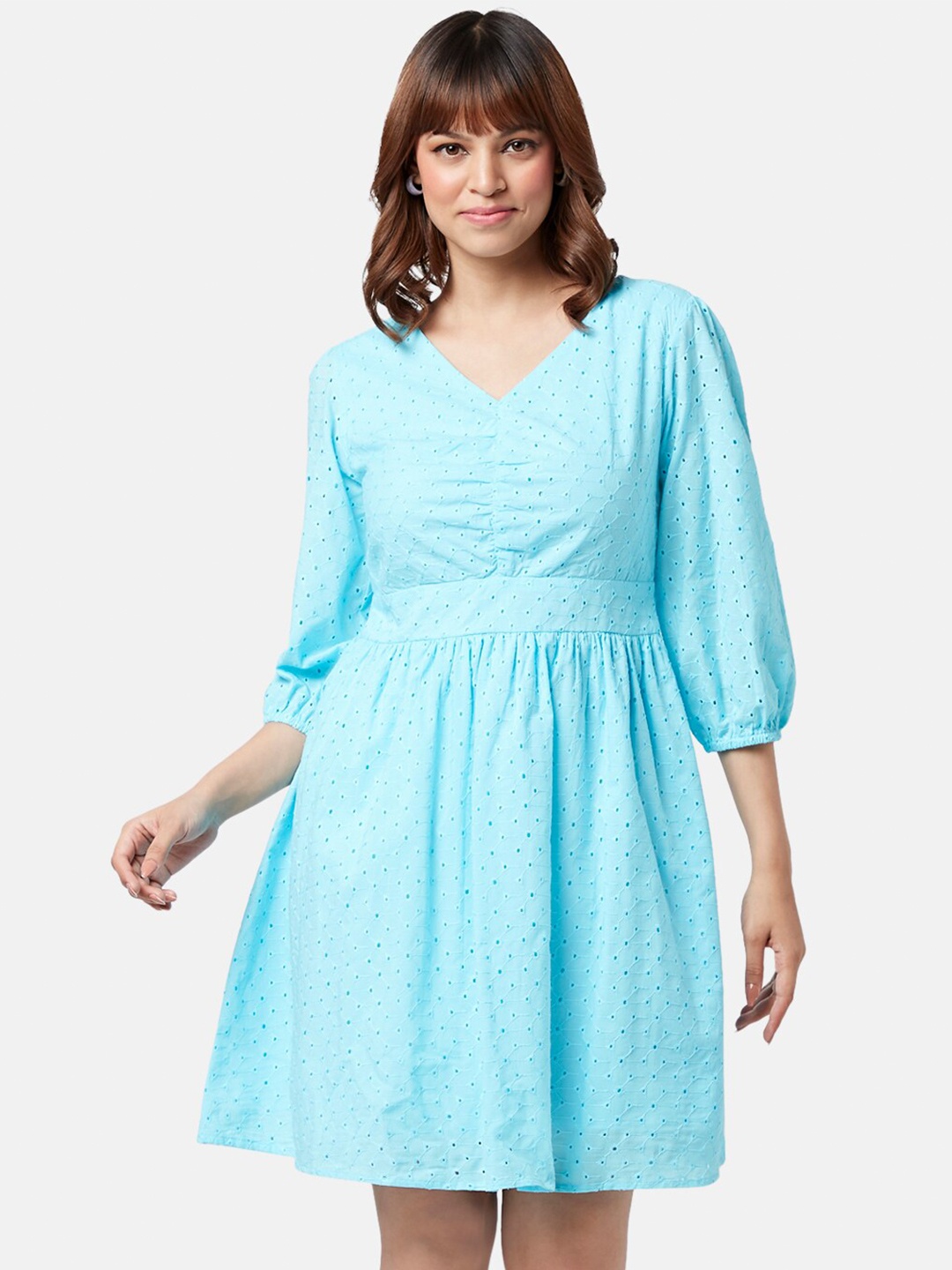 

YU by Pantaloons Self Design V-Neck Puff Sleeves Cotton Fit & Flare Dress, Blue