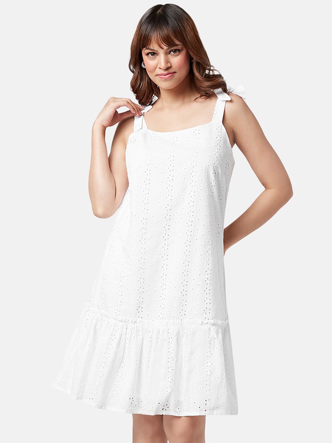 

YU by Pantaloons Self Design Shoulder Straps Cotton A-Line Dress, White