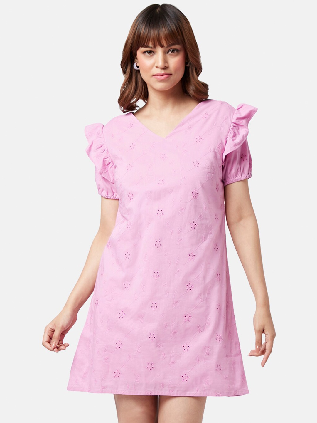 

YU by Pantaloons Self Design V-Neck Ruffles Puff Sleeves Cotton A-Line Dress, Pink