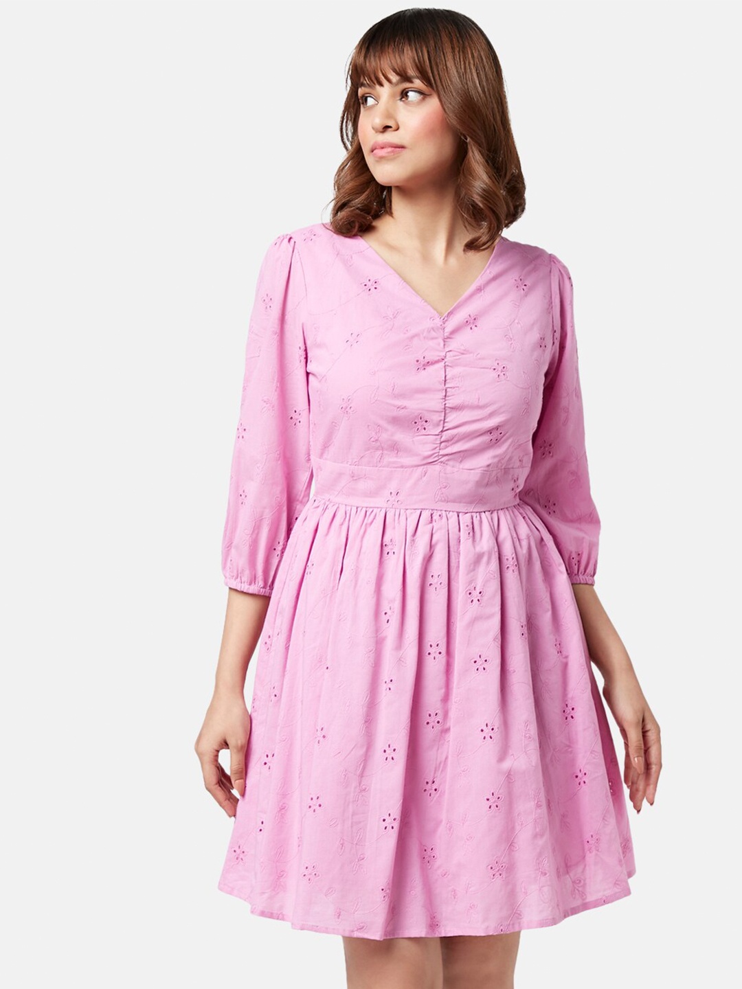 

YU by Pantaloons Self Design V-Neck Puff Sleeves Cotton Fit & Flare Dress, Purple