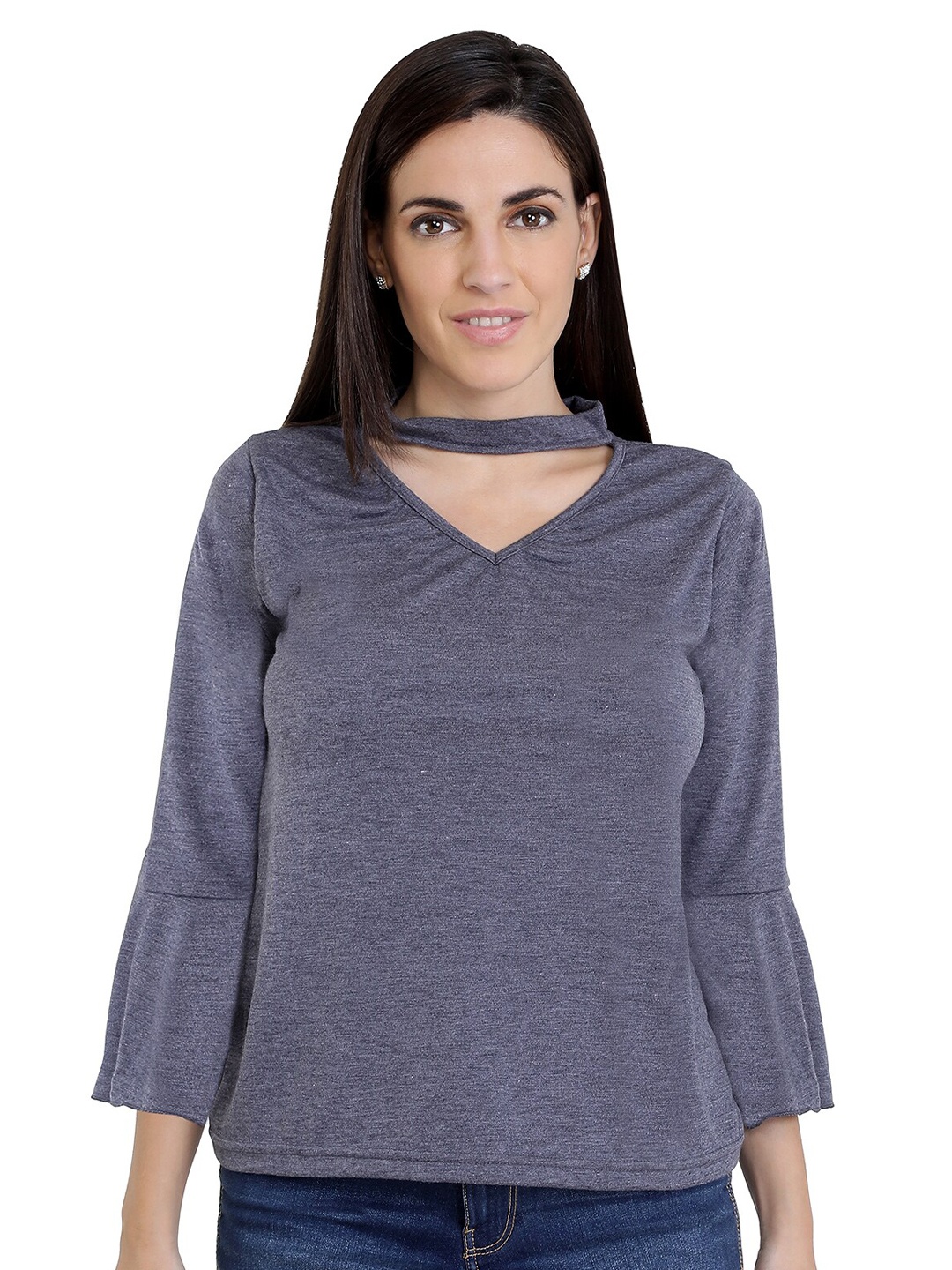 

CHIMPAAANZEE Bell Sleeves Cut Out V-Neck Regular Top, Grey