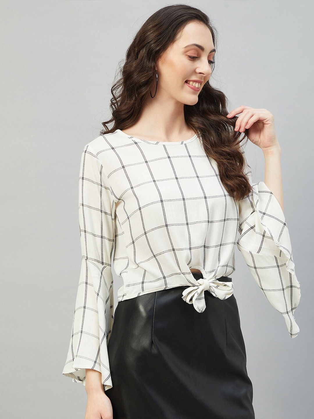 

CHIMPAAANZEE Checked Bell Sleeves Crop Top, White