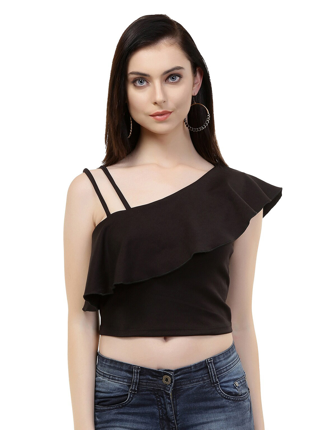 

CHIMPAAANZEE One Shoulder Ruffled Crop Top, Black