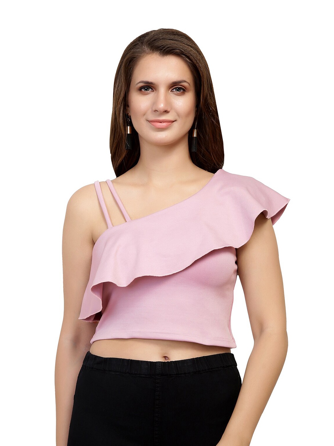 

CHIMPAAANZEE One Shoulder Ruffled Crop Top, Pink