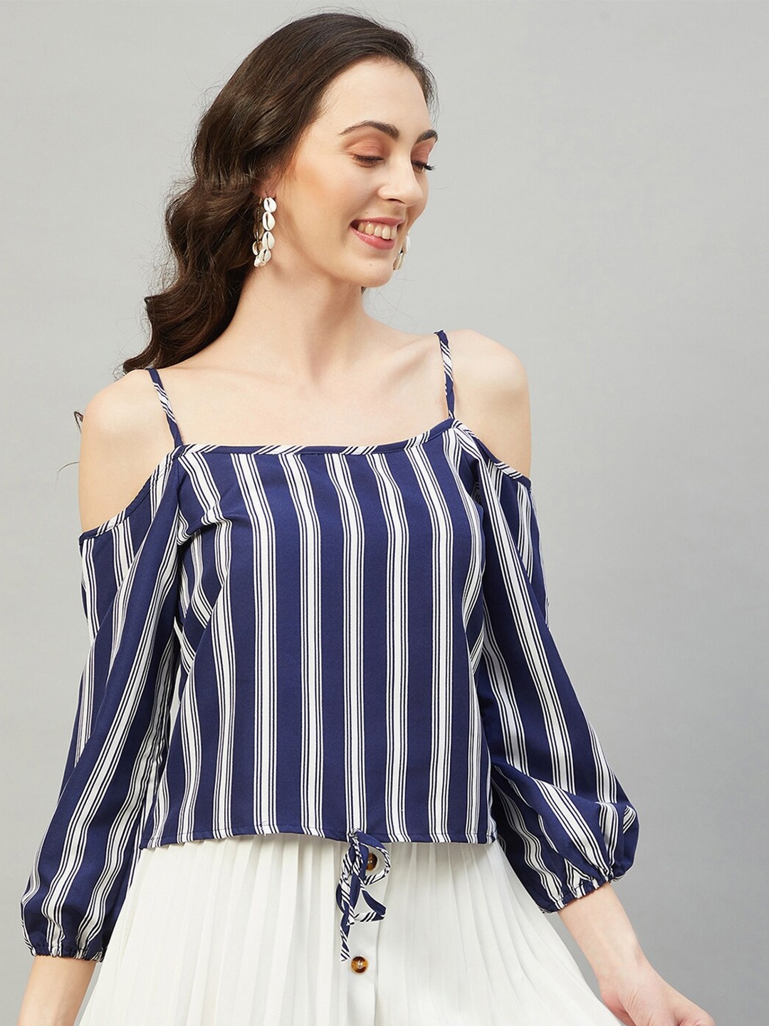 

CHIMPAAANZEE Striped Off-Shoulder Puff Sleeve Bardot Top, Navy blue