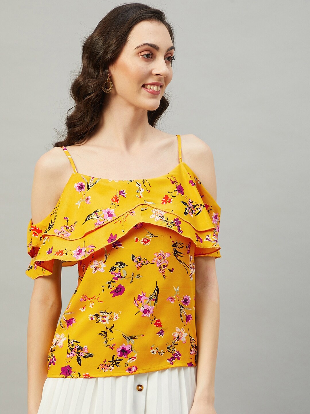 

CHIMPAAANZEE Floral Printed Cold Shoulder Ruffled Sleeves Bardot Top, Yellow