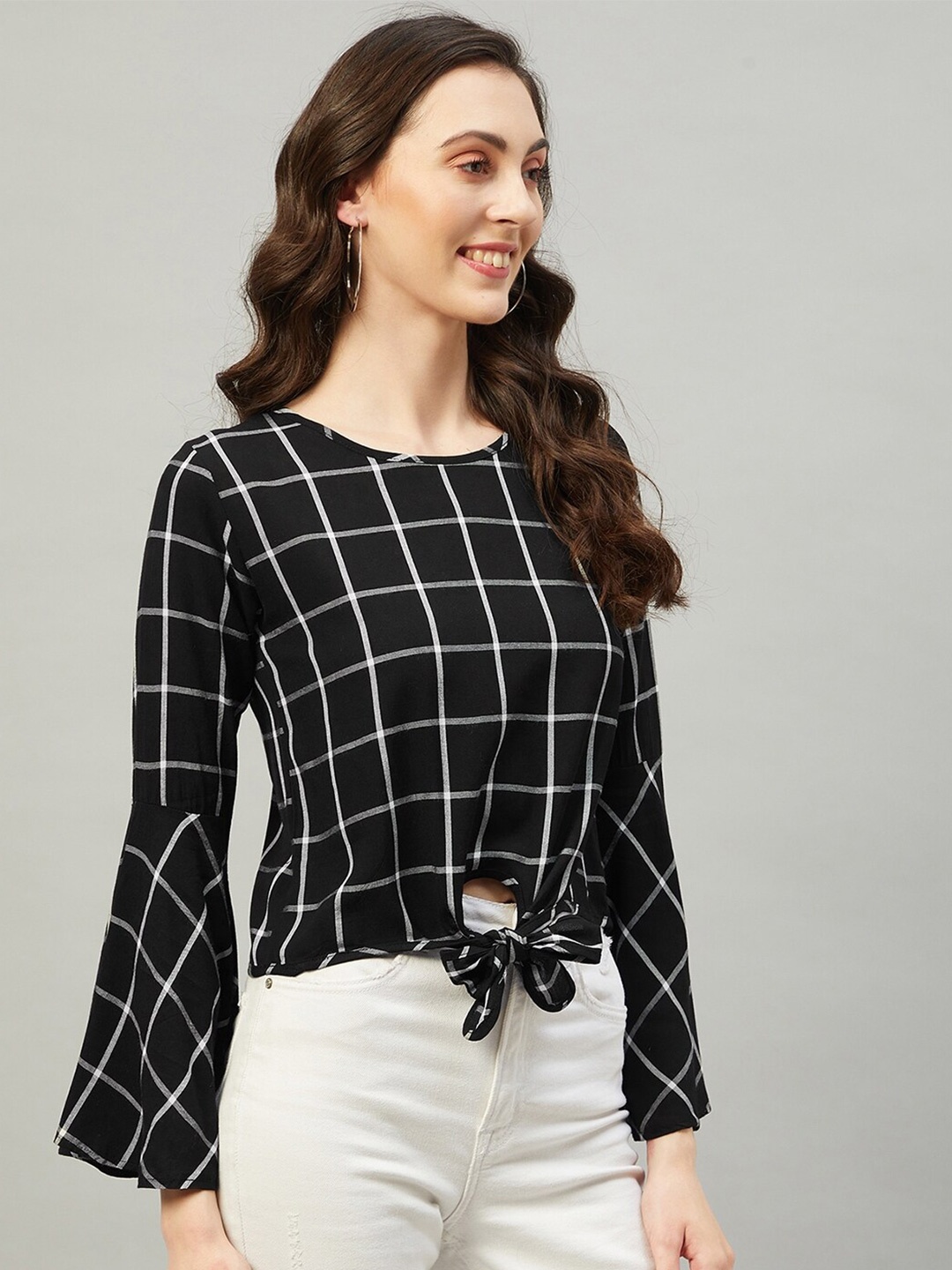 

CHIMPAAANZEE Checked Bell Sleeve Top, Black