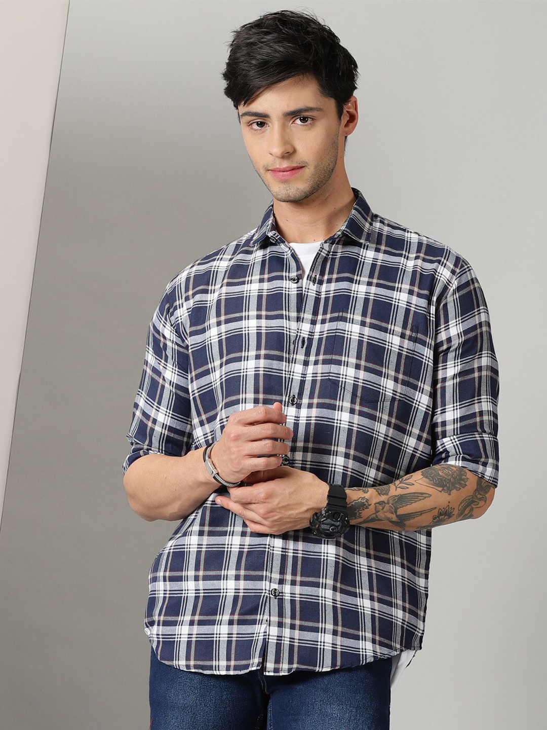 

Rodzen Tartan Checks Cotton Casual Shirt, Navy blue