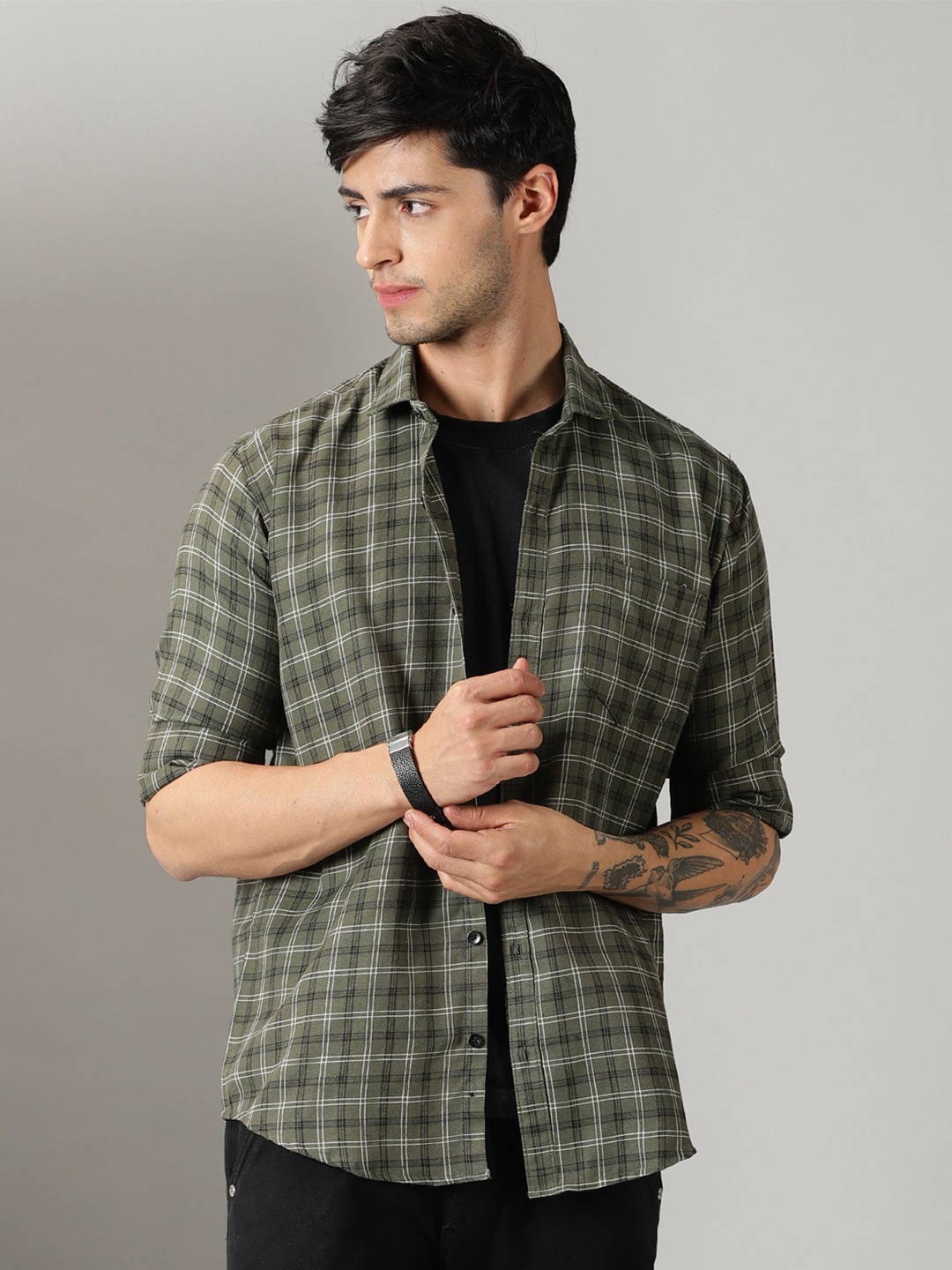 

Rodzen Checked Cotton Regular Fit Long Sleeves Casual Shirt, Green