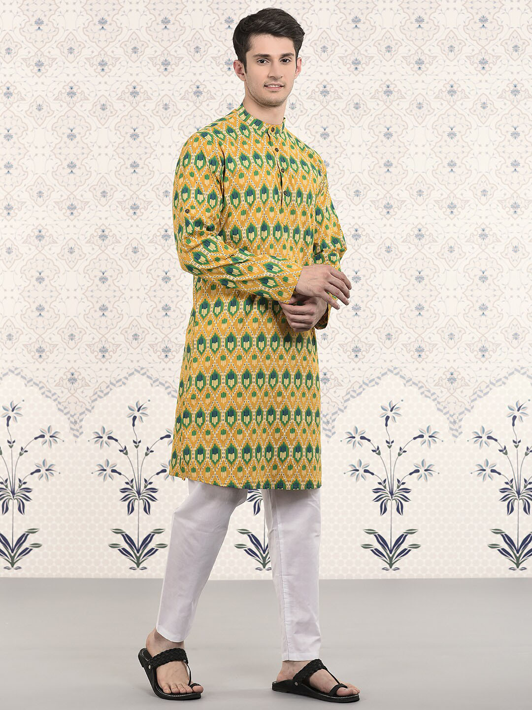 

Ode by House of Pataudi Ethnic Motifs Printed Regular Pure Cotton Kurta With Pyjamas, Yellow