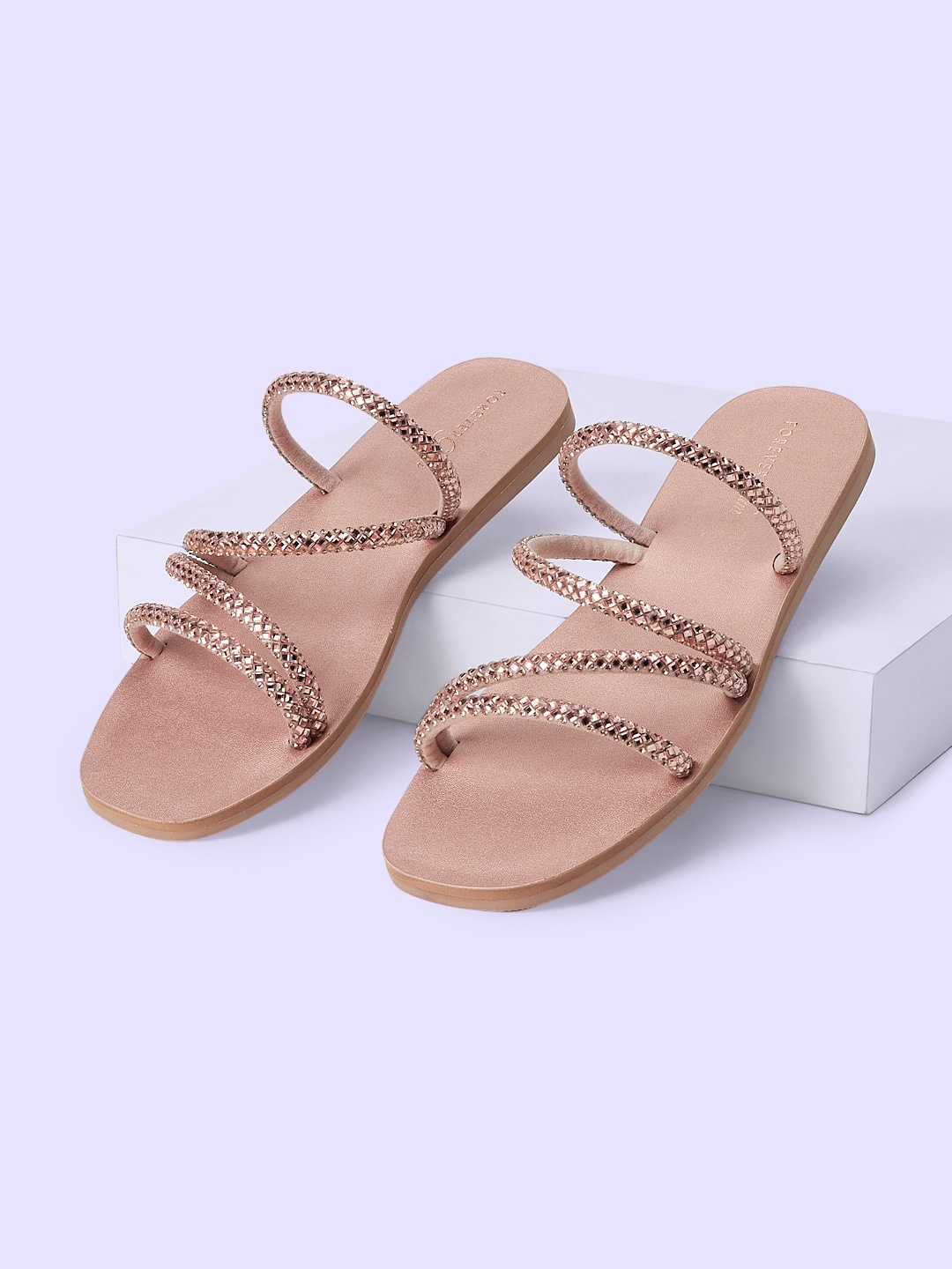 

Forever Glam by Pantaloons Women Embellished Open Toe Flats, Rose gold